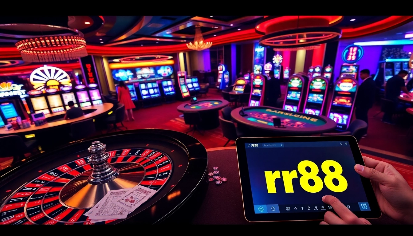 Players enjoying high-stakes games at rr88, featuring vibrant casino tables and roulette wheels.