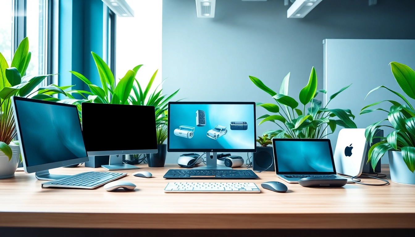 Showcase of fab u tech innovations in a modern workspace with sleek devices and greenery.