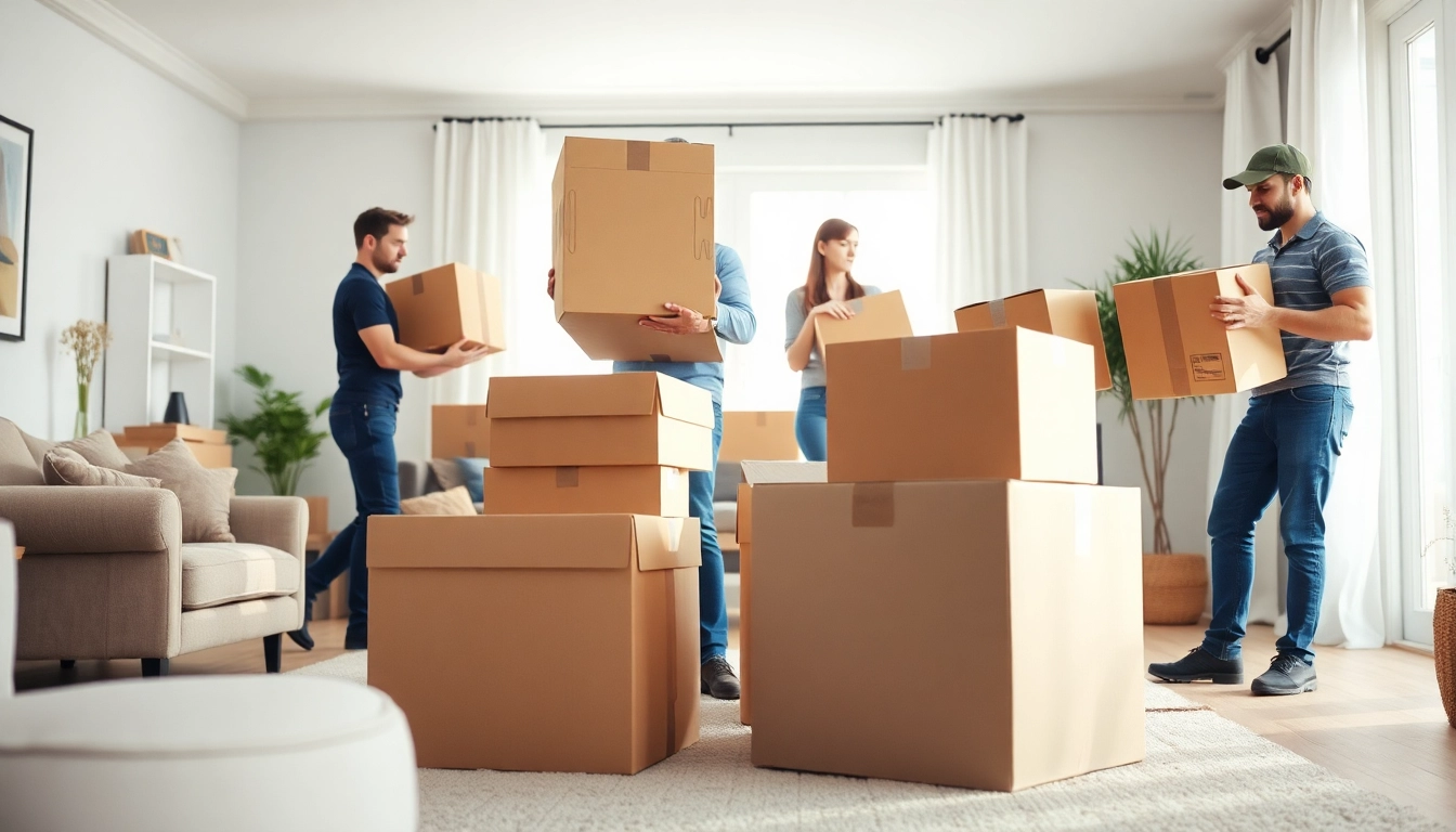 Movers providing removals near me services in a bright, organized living space during a relocation.