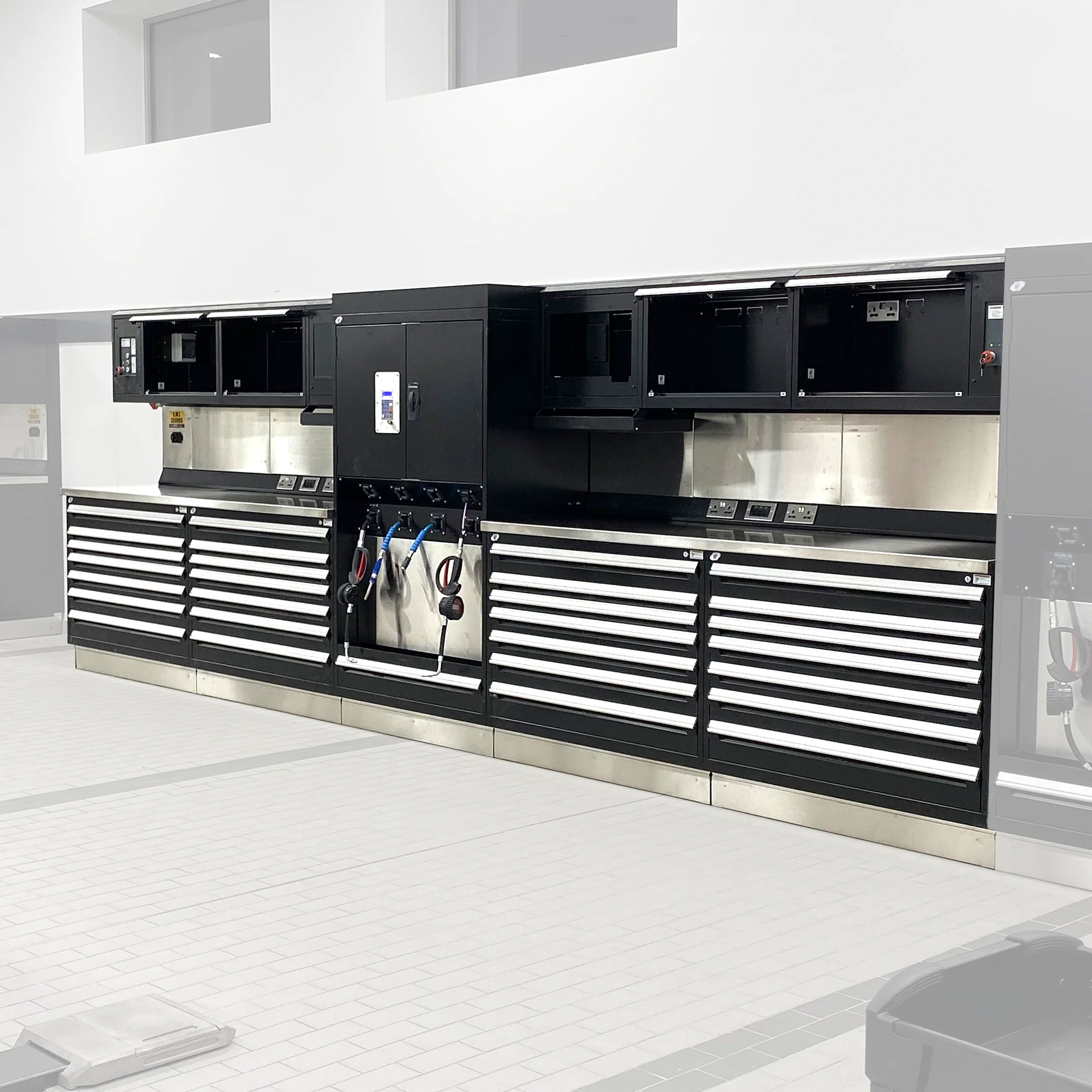 Heavy-Duty Workshop Furniture Including Workbenches and Cabinets