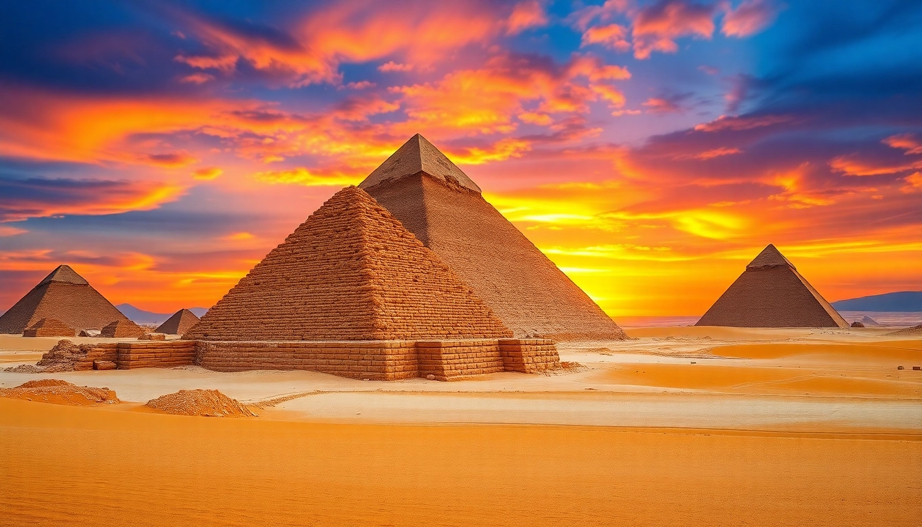 View of the Egyptian pyramids, with a stunning sunset, associated with https://piraminds.com/.