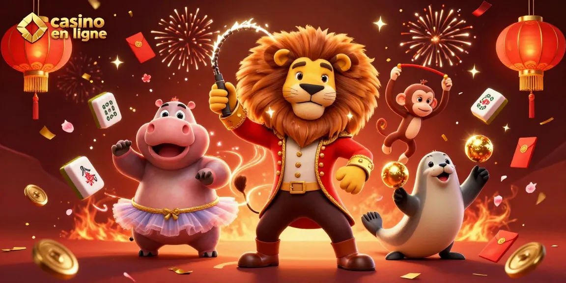 Illustration dynamique de casino en ligne avec un lion maître de cérémonie et un hippopotame en tutu.