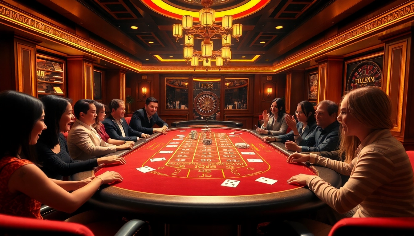 Exciting players engaging around a gaming table at UU88 casino, showcasing luxury and professionalism.