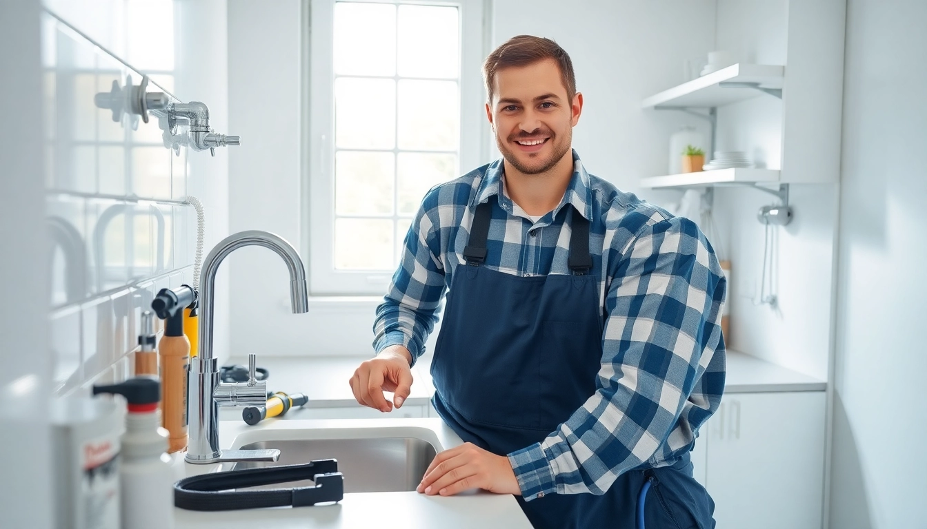 Plumbers bristol professional fixing a sink in a bright, modern kitchen.