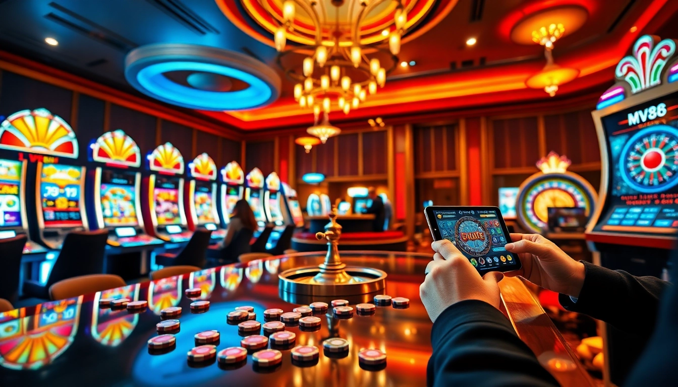 Engaged players enjoying the MV88 game in an upscale casino setting with vibrant slots and roulette.
