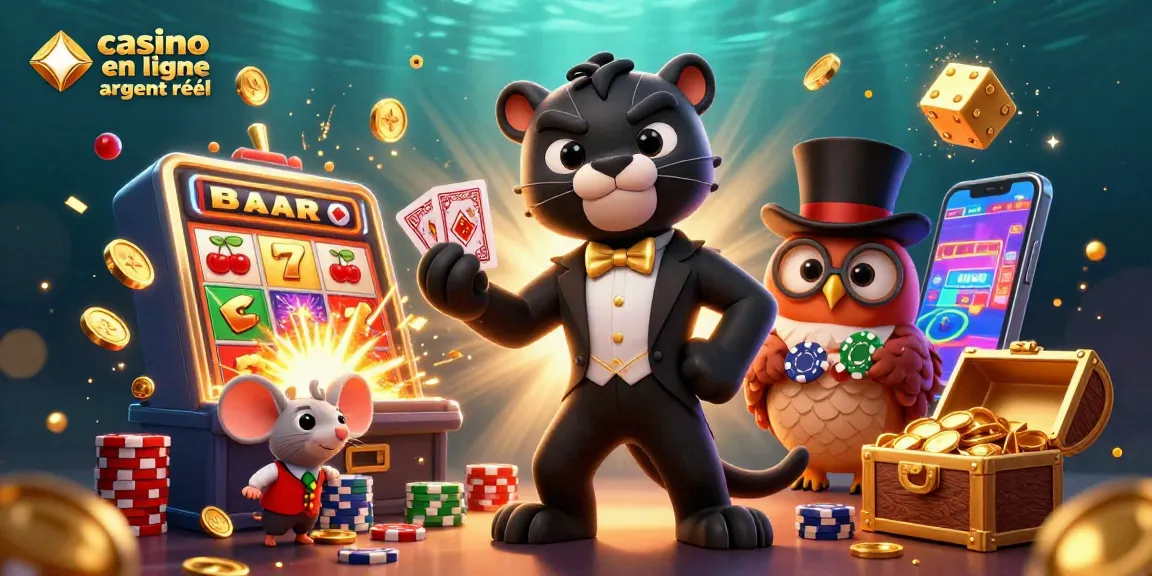 Scène immersive de casino en ligne argent réel avec une panthère élégante et une chouette portant des jetons de poker.