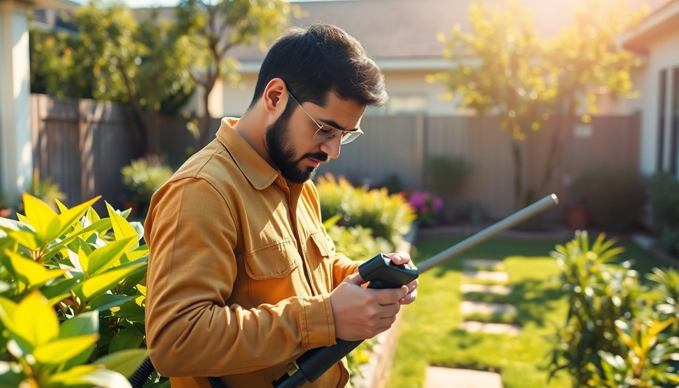 Local pest removal service technician applying eco-friendly treatments in a residential yard.