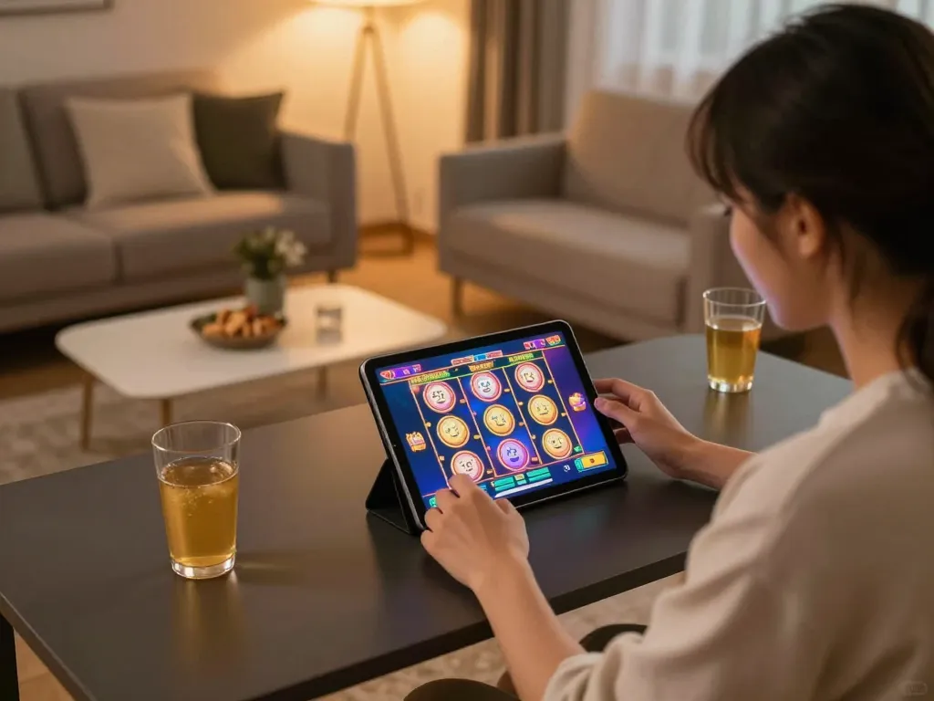 Engaged player enjoying slot bonus new member 100 in a modern home setting during online gaming