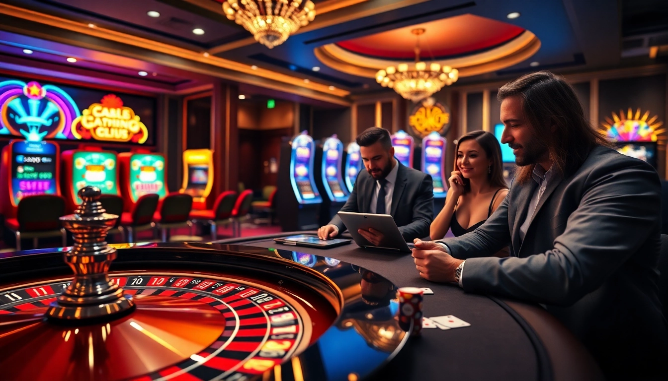 Engaged players enjoying רמי אונליין at a luxurious casino with roulette, poker, and slot machines.