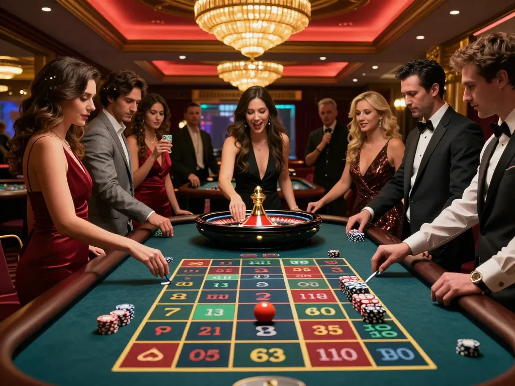 EE88 bustling roulette table with players engaging, showcasing excitement and betting action