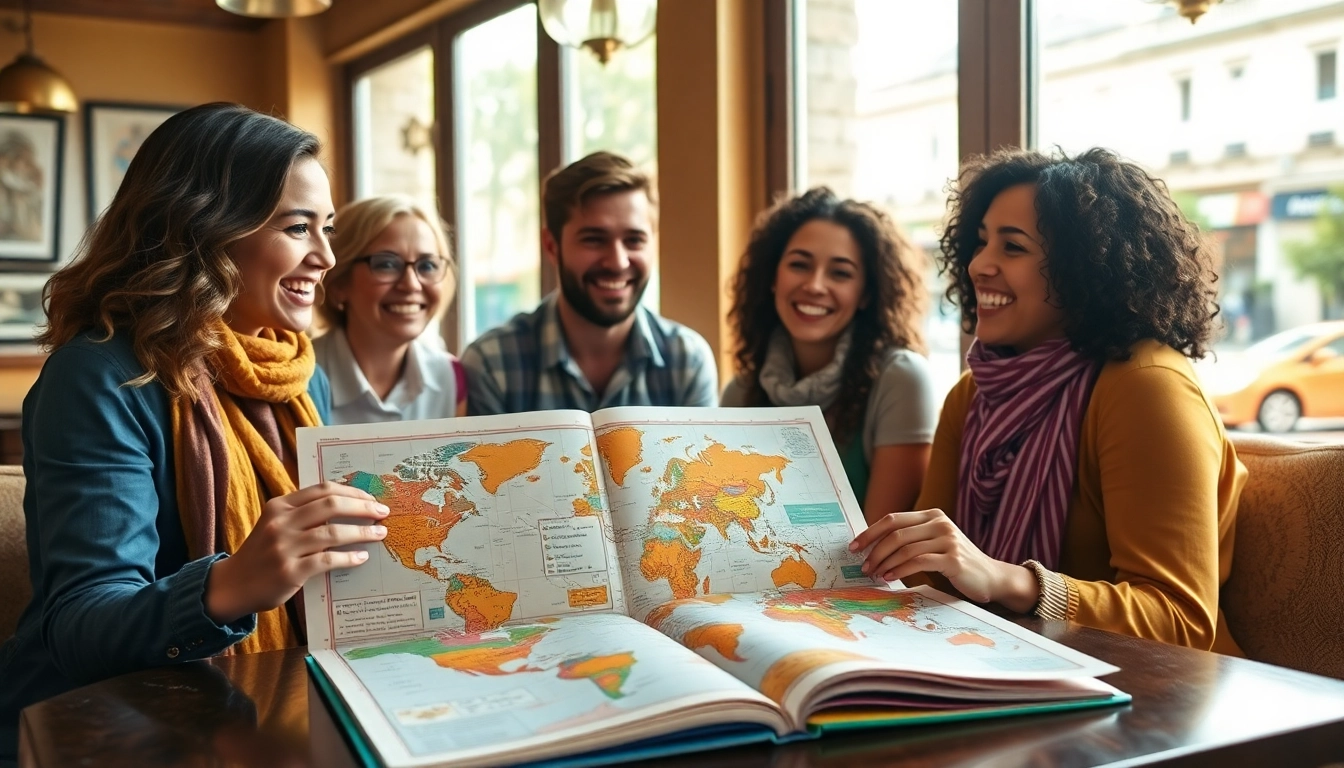 People engaged in planning their round the world holidays over coffee, showcasing excitement.