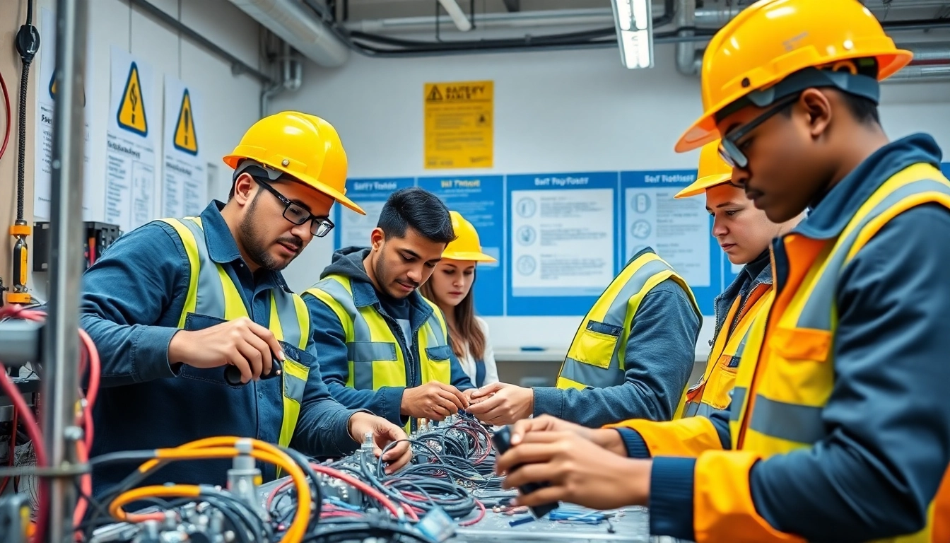 Electrician apprenticeship training session with diverse apprentices engaged in hands-on learning.