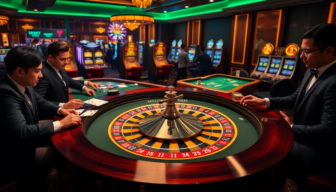 Man88 engaging players at a professional roulette table in an exciting casino atmosphere
