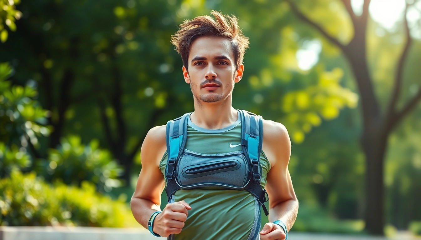 Runner utilizing essential running accessories in a scenic park.