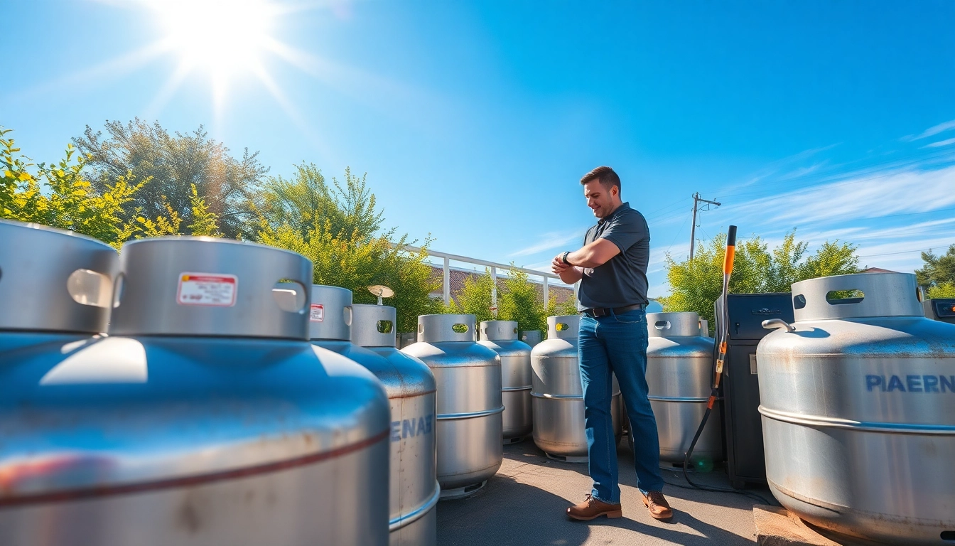 Refill service for propane tank at a busy station with green surroundings.