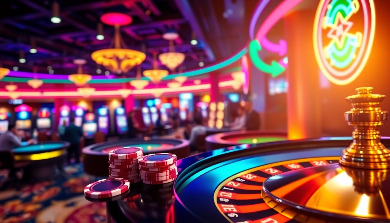 Explore exciting casino bonuses with vibrant roulette wheel and chips in a lively casino.