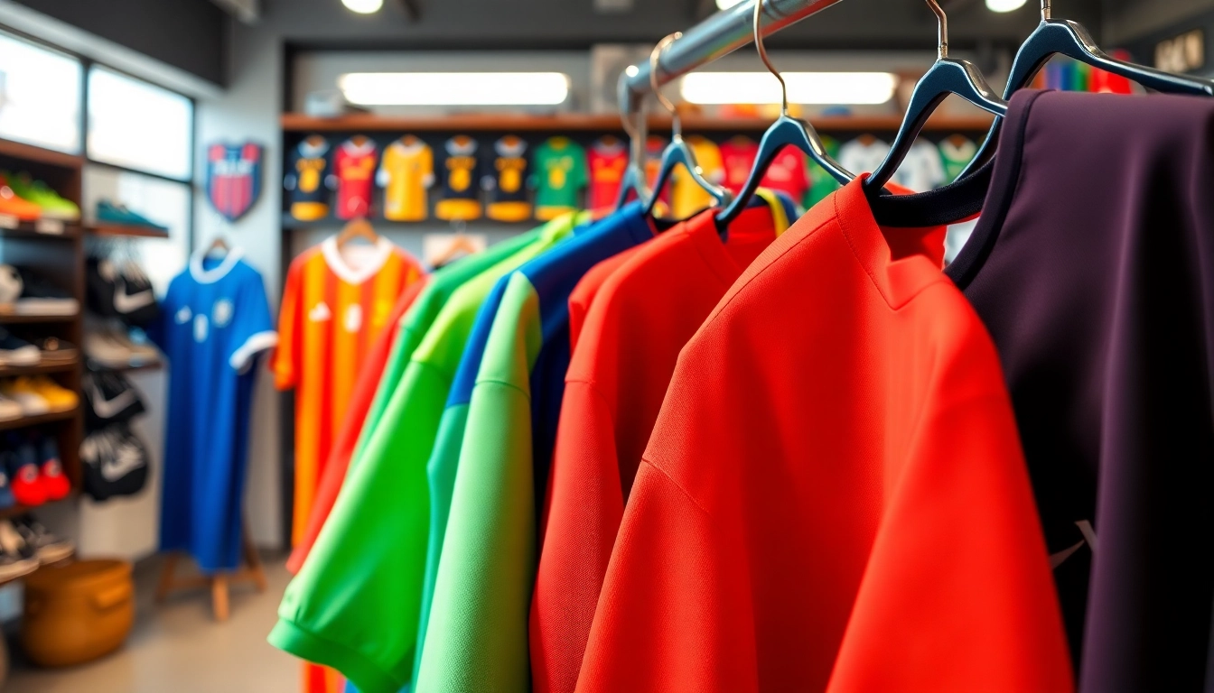 Shop trendy football kits showcasing vibrant designs and team colors in a lively sports store.