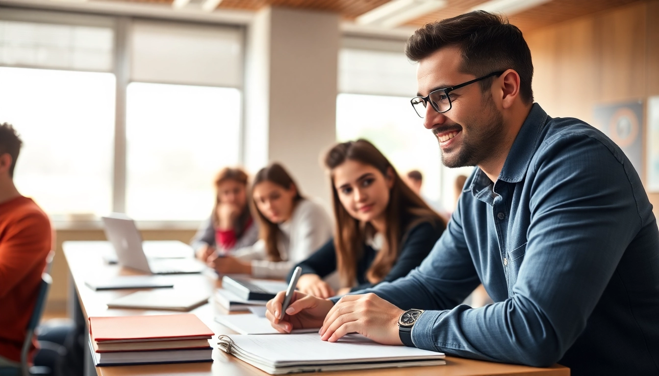 Students receiving exam assistance from a tutor in a bright classroom.