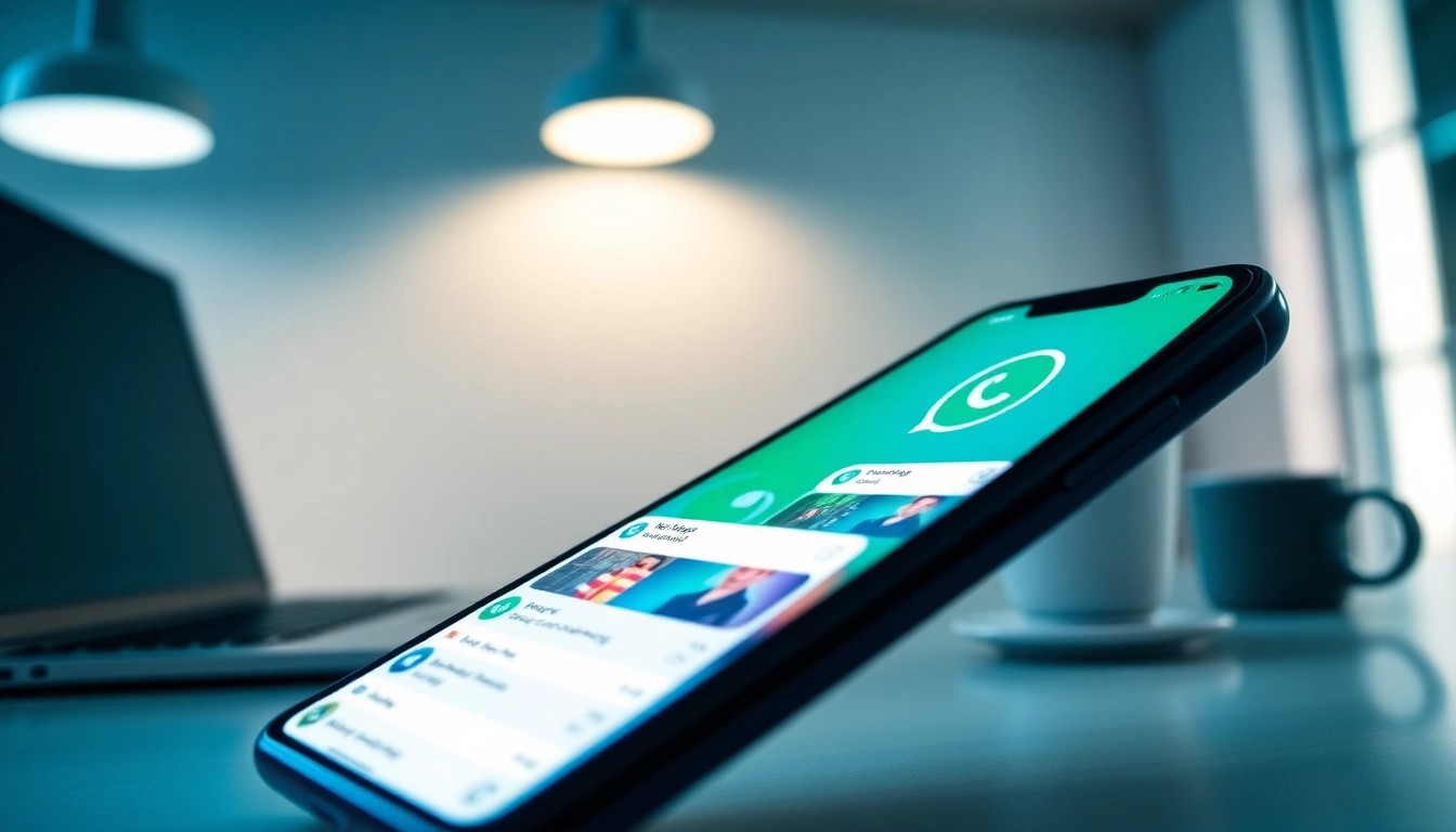 Explore the advanced features of GBWhatsApp on a modern mobile device in a professional setting.