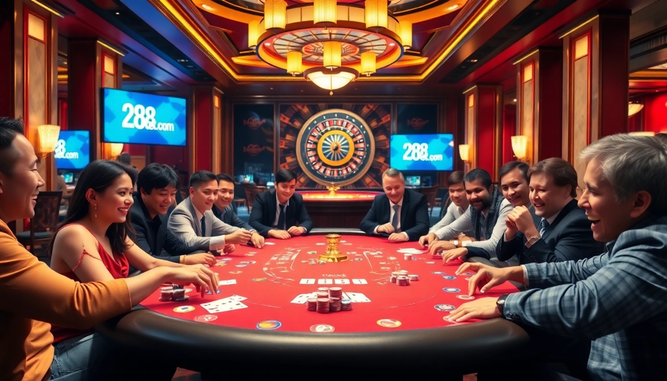 Engaged players at a poker table in a luxurious casino scene with 28bet.com branding prominent.