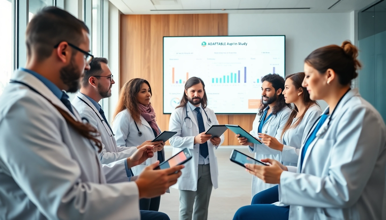 Discussing insights from the ADAPTABLE Aspirin Study in a vibrant conference setting.