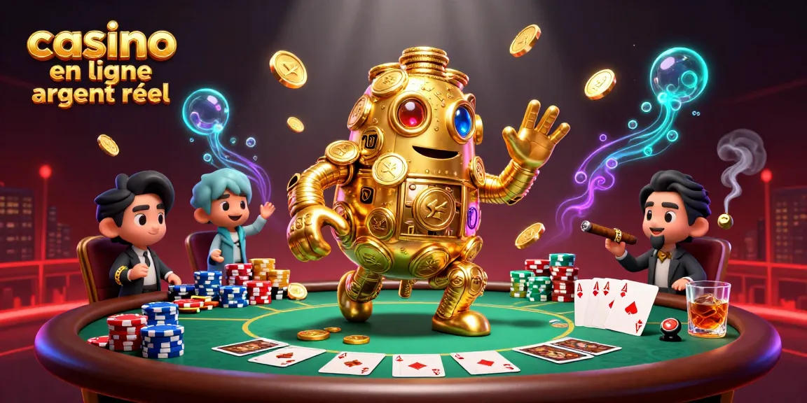 Célébrez le jeu au casino en ligne argent réel avec une illustration dynamique de poker et un golem en or.
