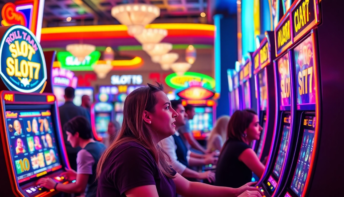 Slot77 gaming machines attracting enthusiastic players in a vibrant casino atmosphere.