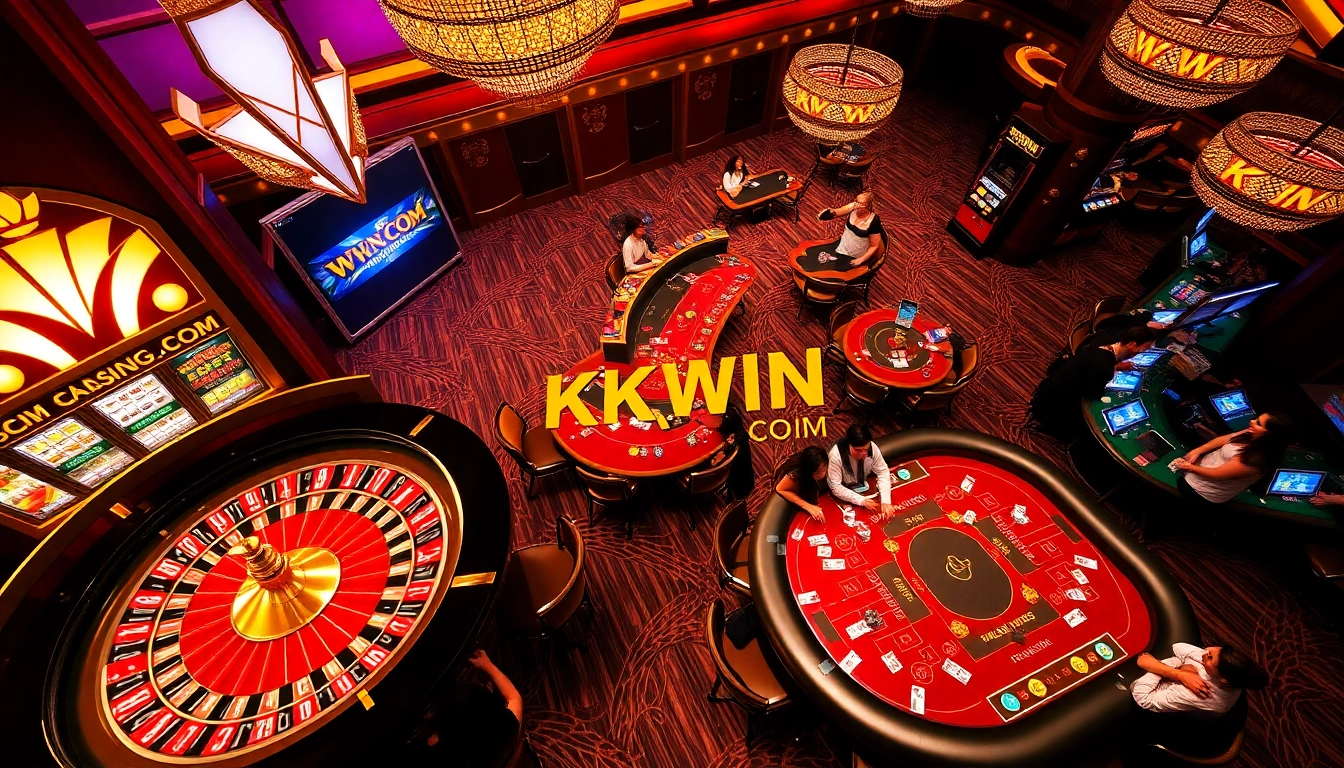 Experience the thrill of gaming with KKWIN.COM in a vibrant casino scene featuring roulette and poker tables.