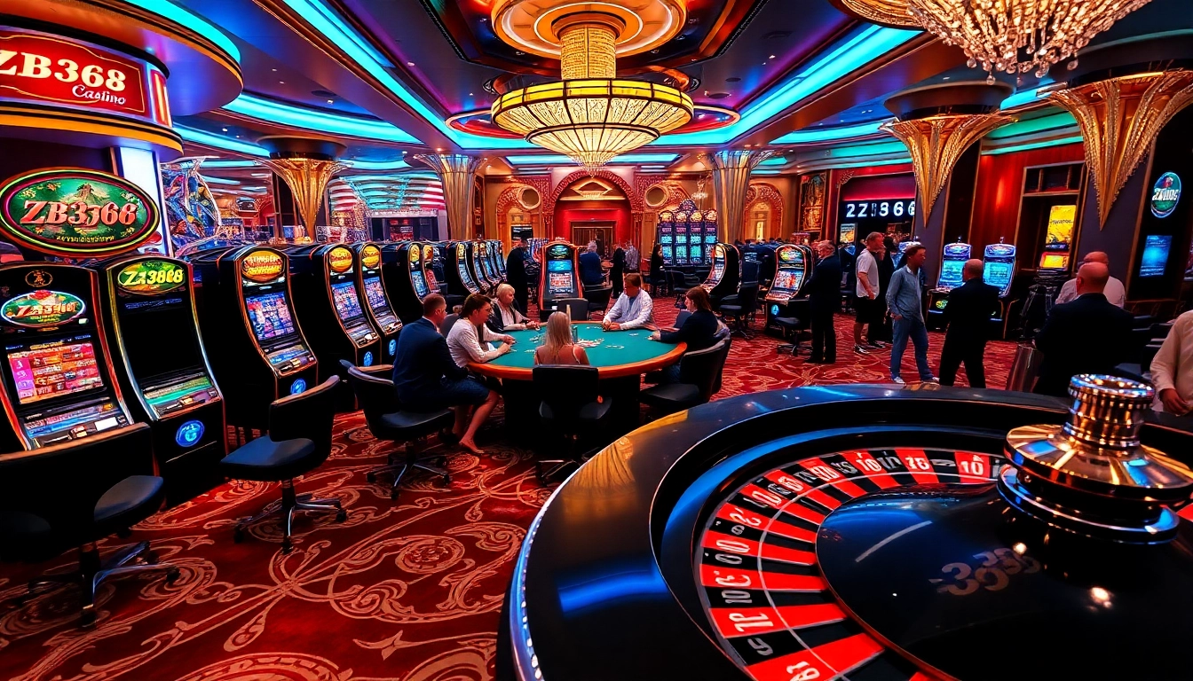 ZB368 - Engage in thrilling gambling action at a luxurious casino with vibrant colors and lively tables.