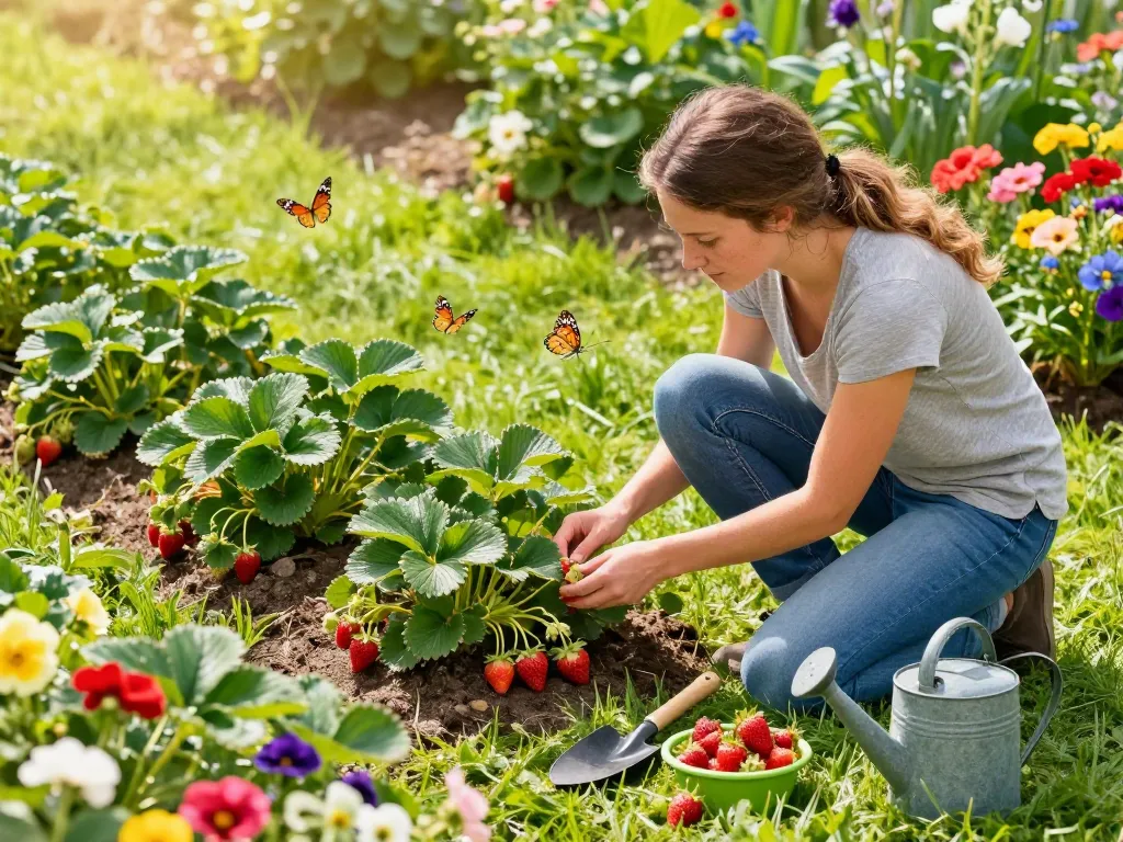 Shop for aardbeienplanten kopen in a vibrant garden scene showcasing fresh strawberry plants being nurtured by a gardener.
