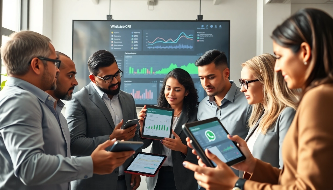 Engaged team discussing WhatsApp Business CRM strategies in a modern office.