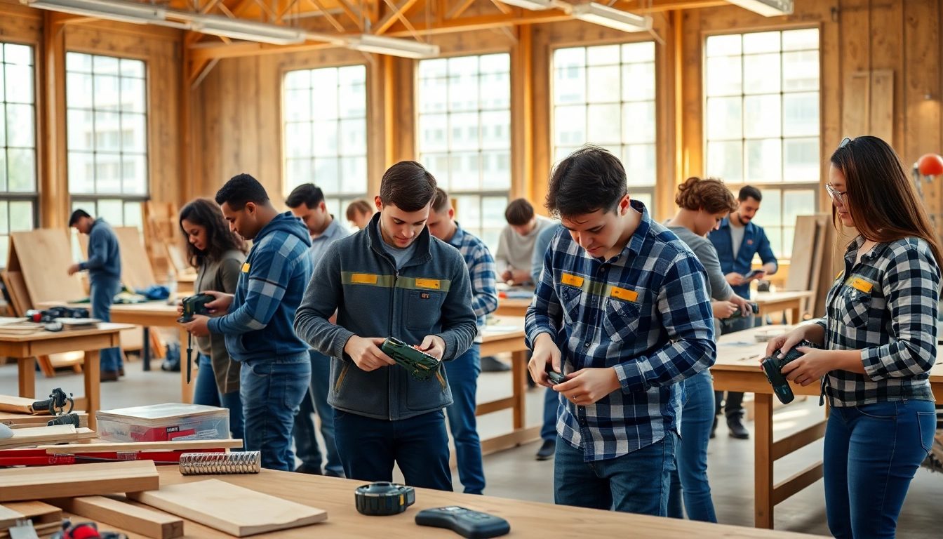 Engaged participants in construction classes learn skills in a dynamic workshop environment.