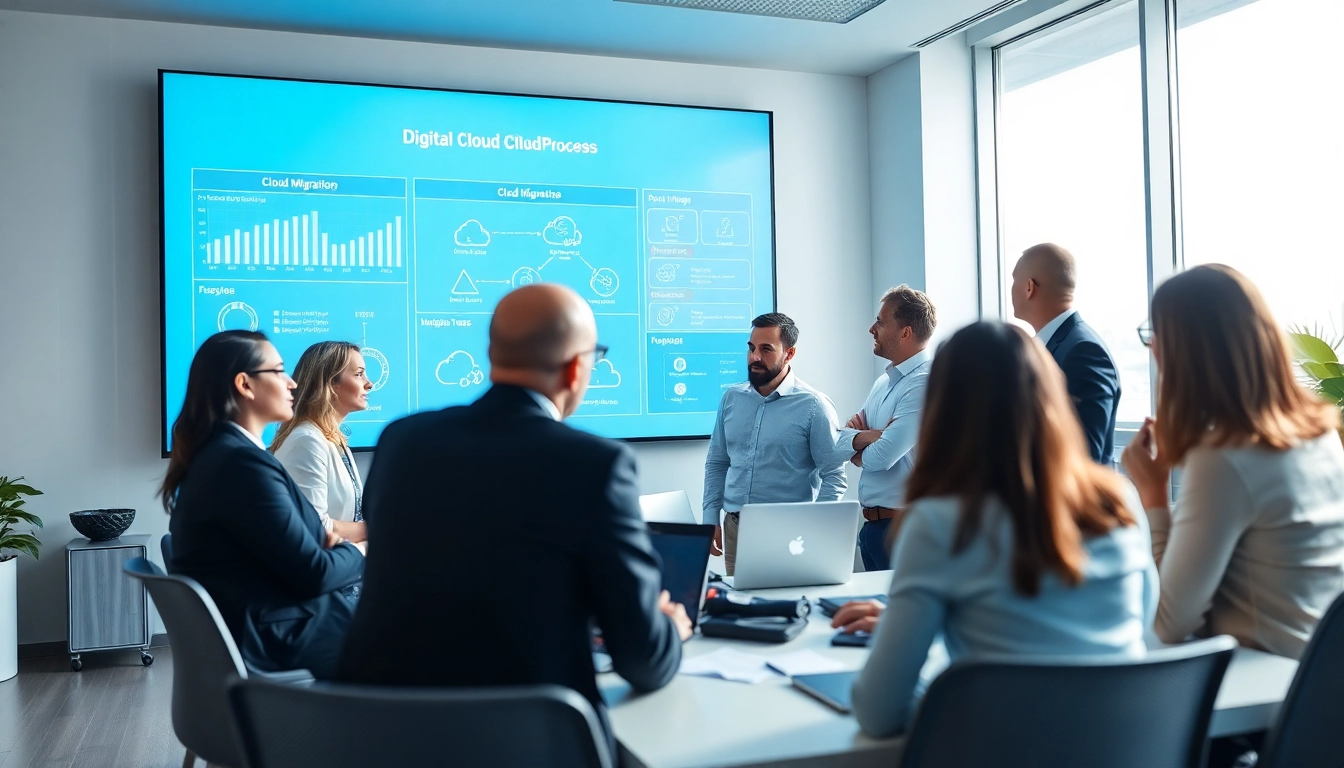Engaging team working on cloud migration services during a strategy session in a modern office.