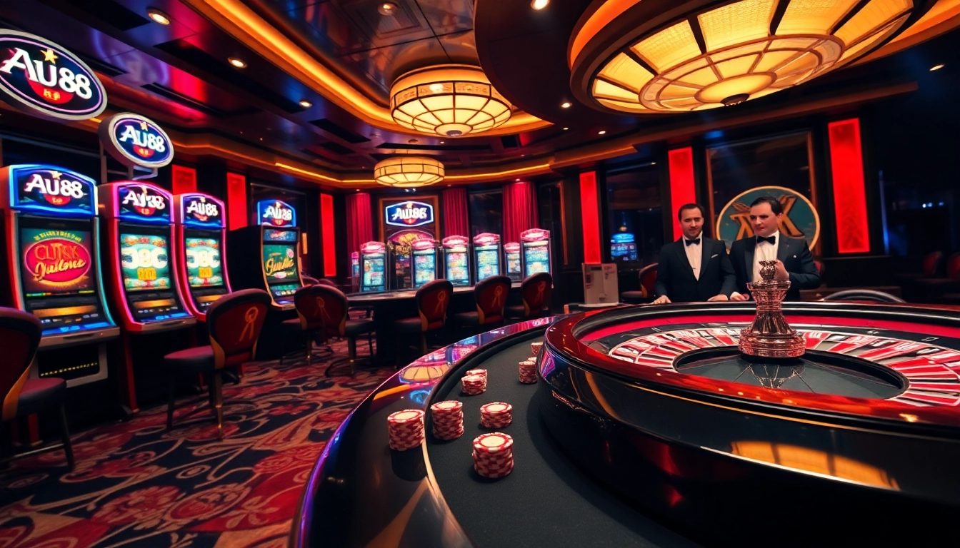 Experience the excitement of AU88 at a luxurious casino, featuring vibrant gaming tables and slot machines.