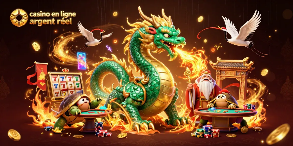 Un dragon en jade émeraude respire du feu doré dans un casino en ligne argent réel animé.