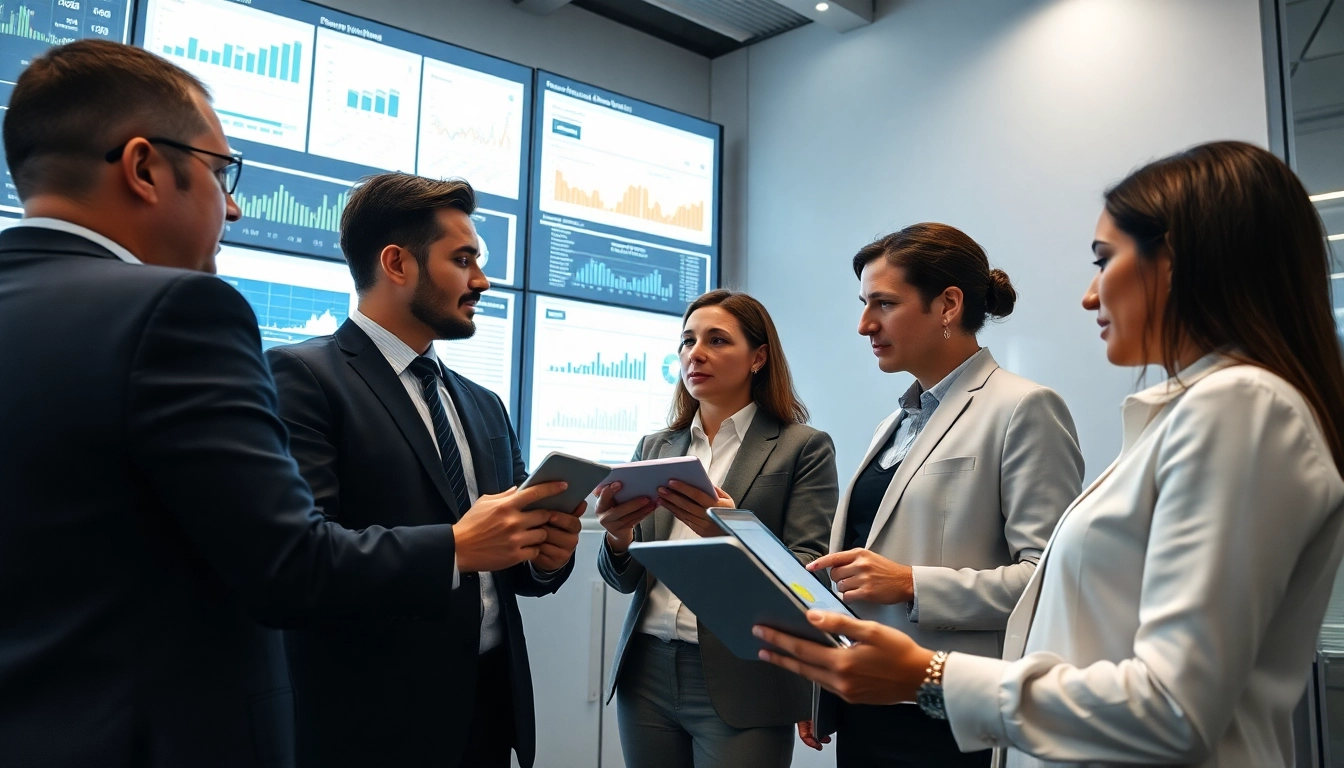 Analyze data using AI for competitive intelligence with a professional business team in a modern office.