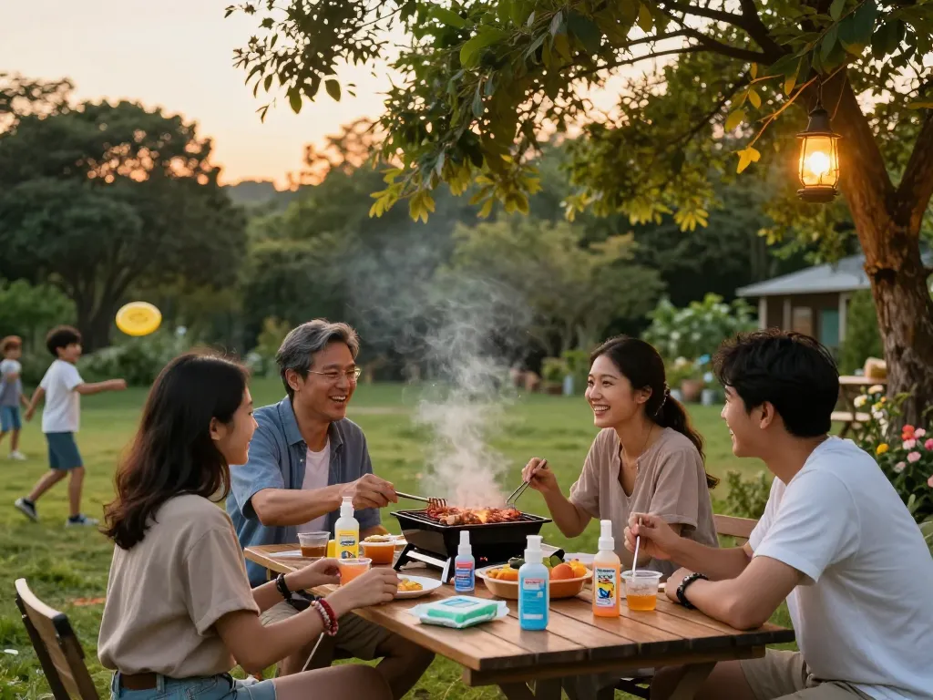 Family enjoying the outdoors with the best mosquito repellent products on the table, enhancing their summer barbecue experience