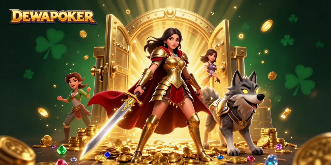 DewaPoker showcases a stunning warrior queen with a glowing wolf, amidst treasure and riches in an engaging casino scene.