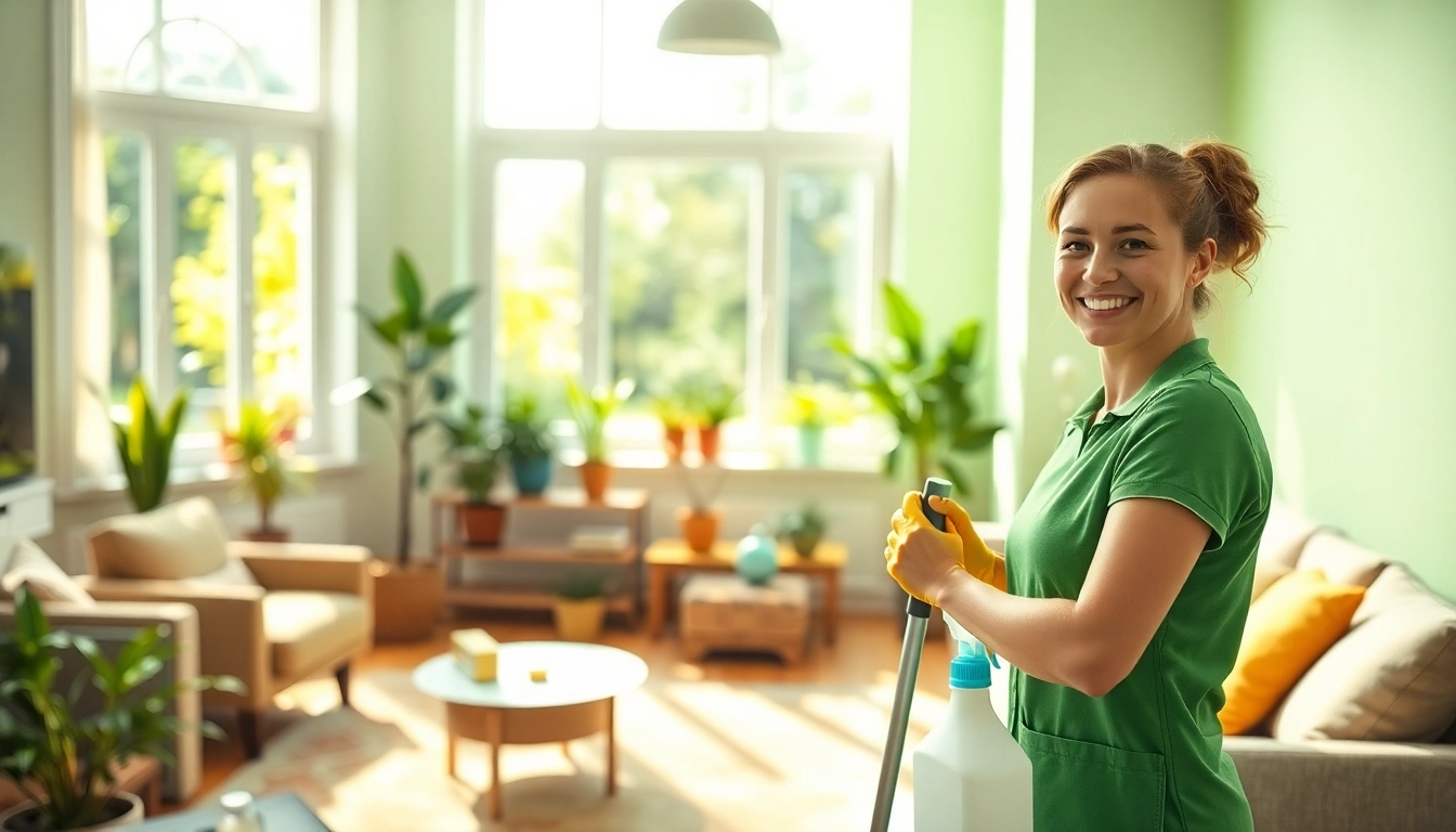 Experience a refreshing cleaning service with a friendly professional showcasing a clean living room.