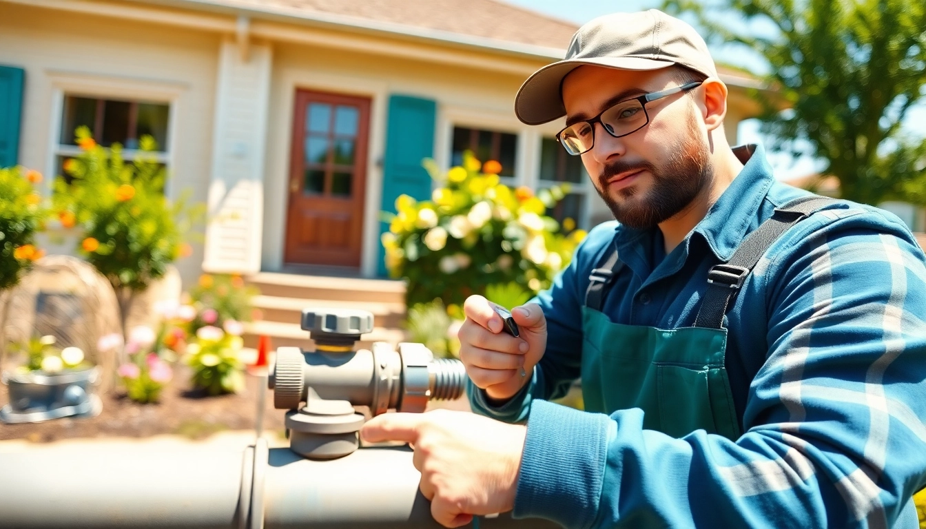 Plumber near me fixing pipes in a beautiful garden setting.