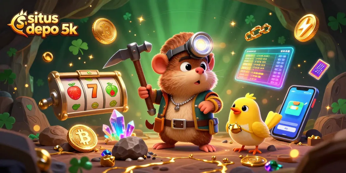 Experience thrilling gaming with situs depo 5k, featuring vibrant slot reels, Bitcoin coins, and a treasure-hunting mole.