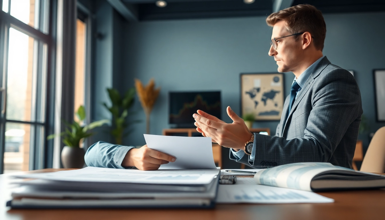 Broker discussing businesses for sale in a modern office environment.