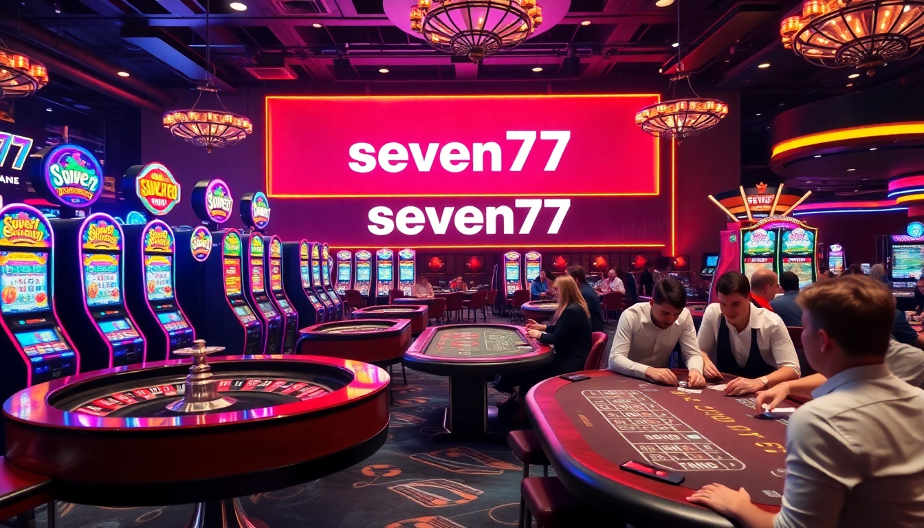 Experience excitement at the casino with seven77, colorful slots, and players engaged at the tables.