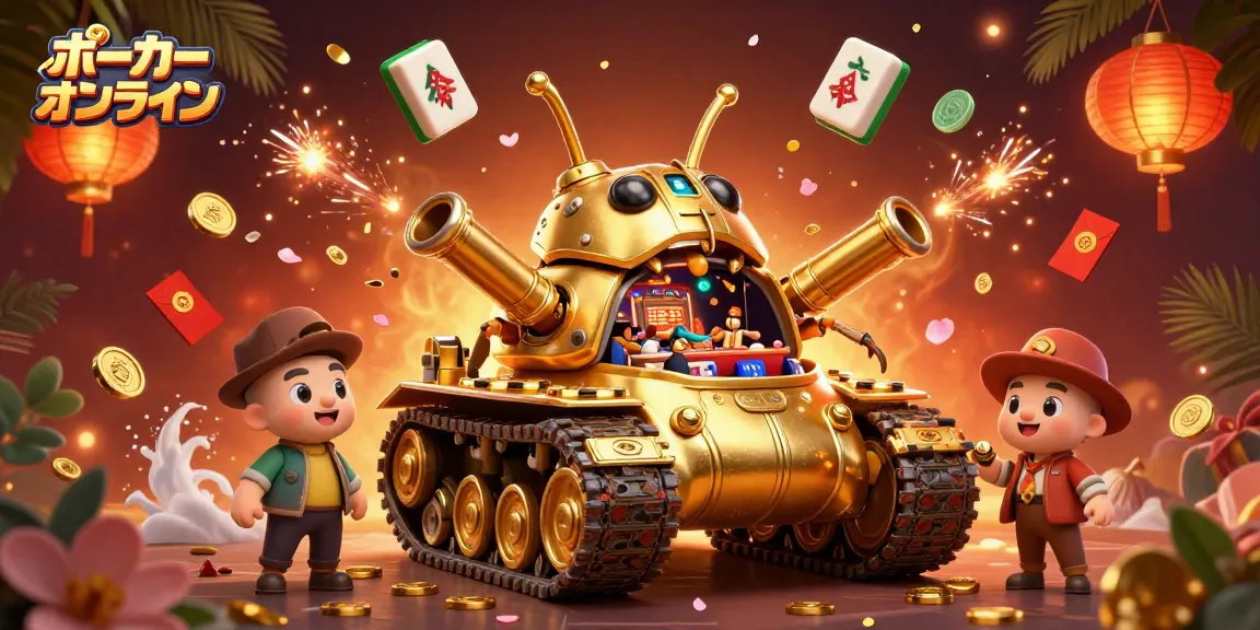 ポーカーオンラインの楽しい瞬間を紹介したイラスト、カジノ内でのミニキャラクターたちが楽しむ景色。