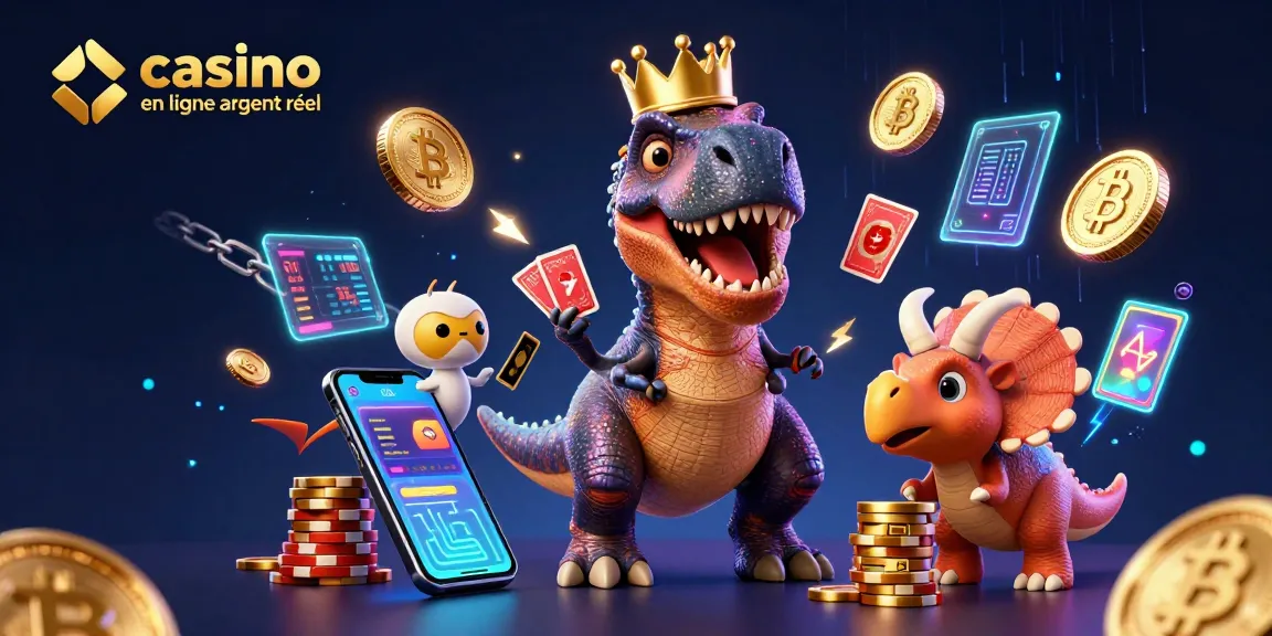 Jouez au casino en ligne argent réel avec le T-Rex et ses amis dans une scène dynamique et colorée.
