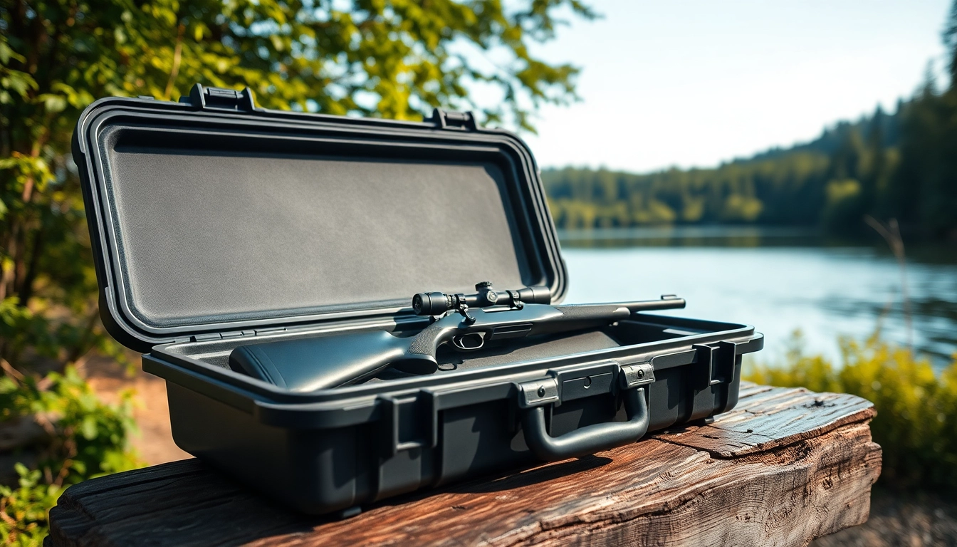 Secure a pelican rifle case while showcasing its rugged durability and design in nature.