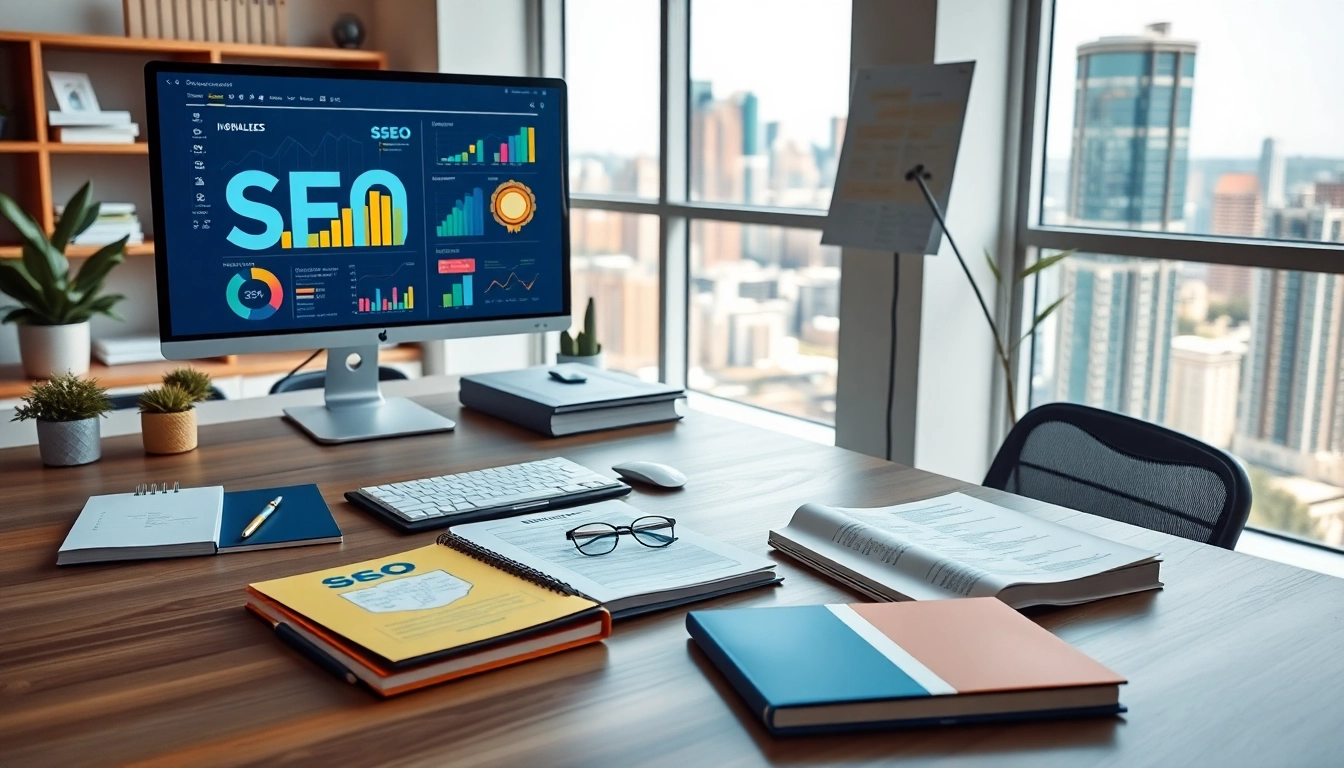 Optimize your website for SEO with a professional workspace filled with analytics and infographics.
