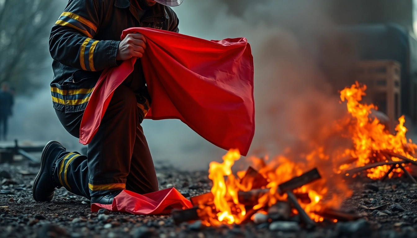 Fire blanket displayed in use, showcasing its effectiveness in extinguishing flames.