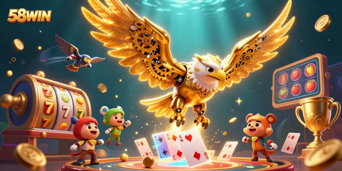 Experience dynamic wins with 58WIN's vibrant 3D casino illustration showcasing thrilling slots and games.