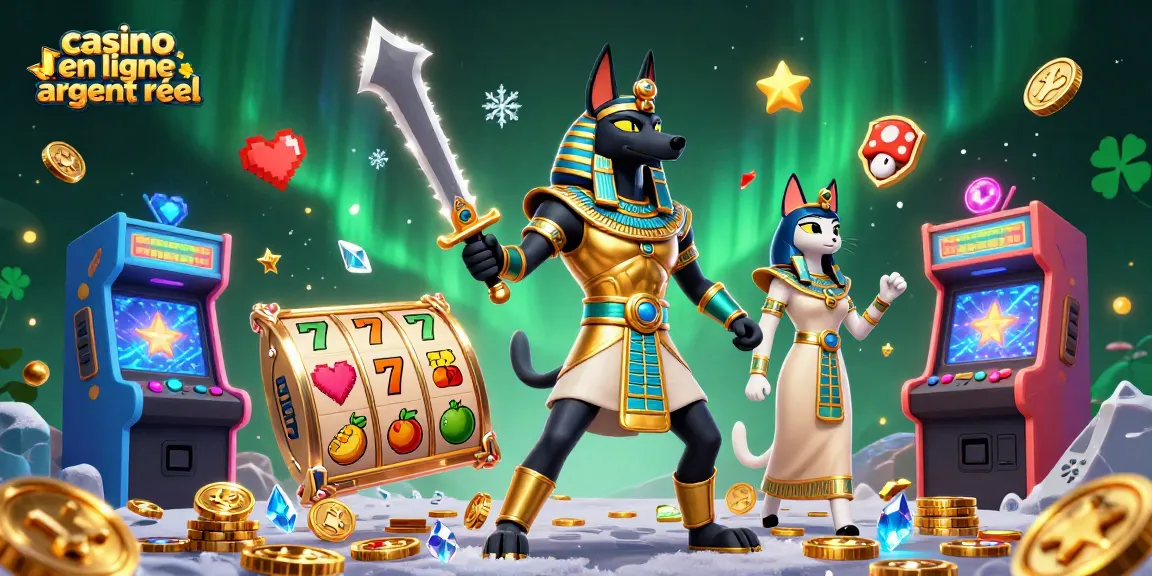 Visuel captivant de jeux de casino en ligne argent réel avec Anubis et Bastet dans un décor dynamique.